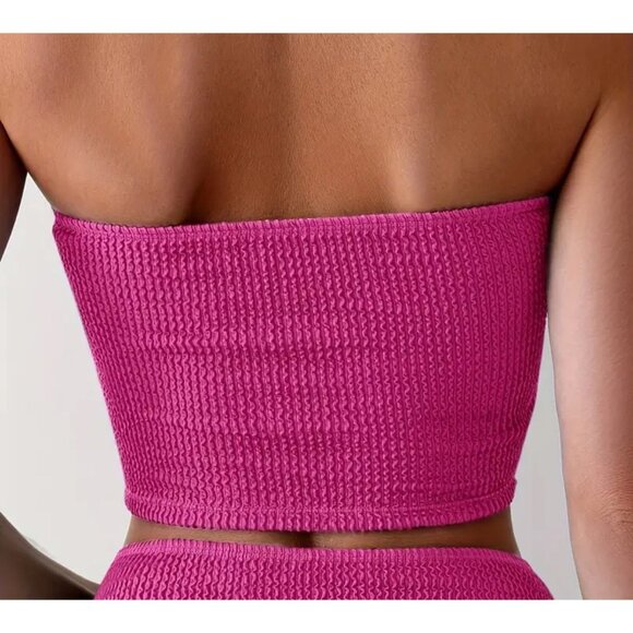 Strapless Hot Pink Smocked Bikini XL  - High Waist Bottom & Crop Top - Picture 4 of 5